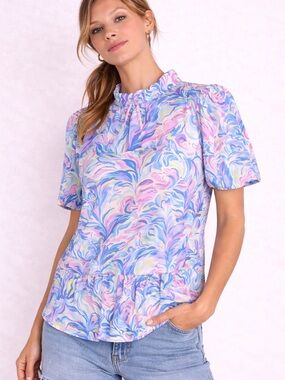Simply Southern UPF 50+ Puff Sleeve Blouse | Coastal Pastel Print | Size M
